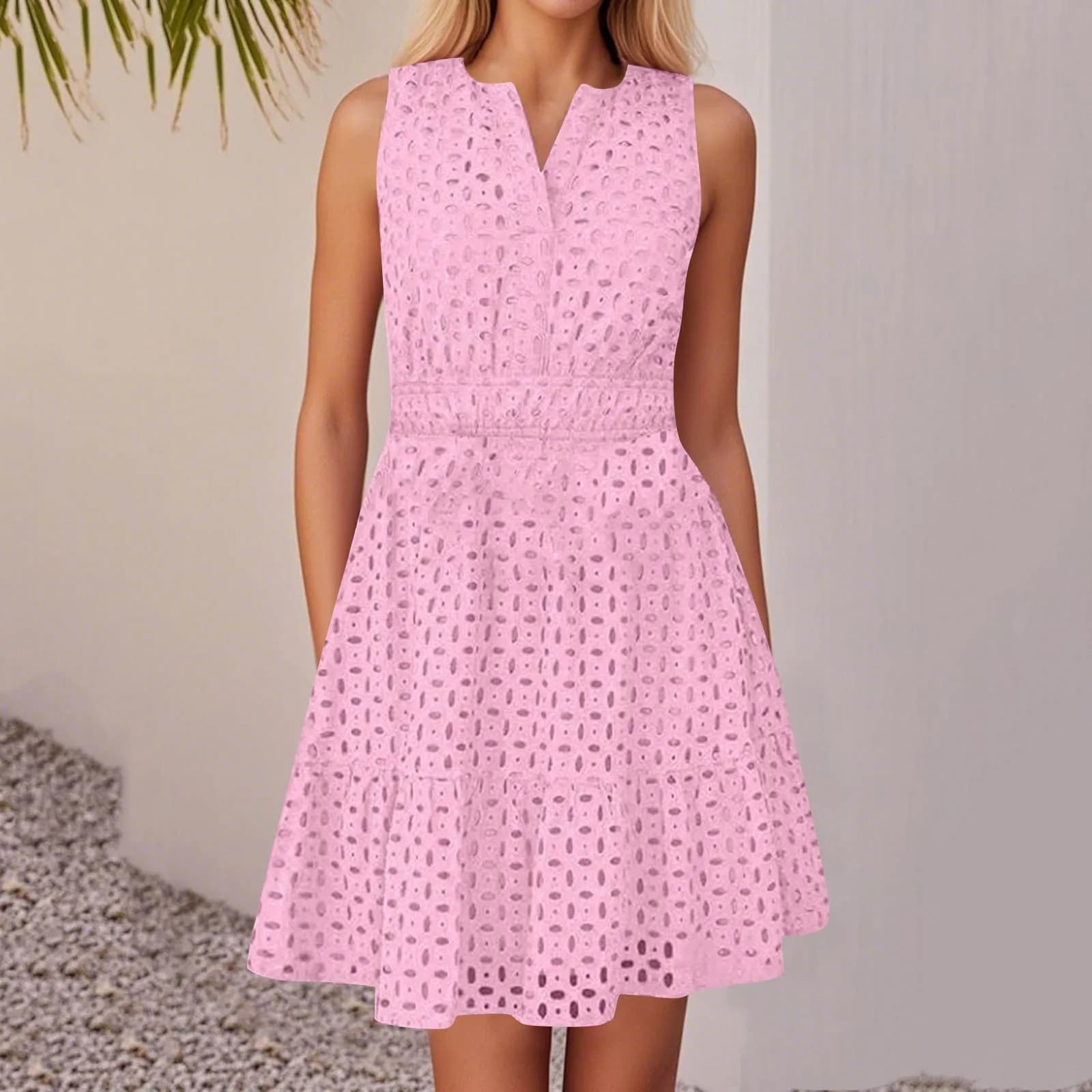 Abito estivo da donna Moda pizzo scollo a V cavo tinta unita abiti casual senza maniche Abito versatile quotidiano da donna elbise