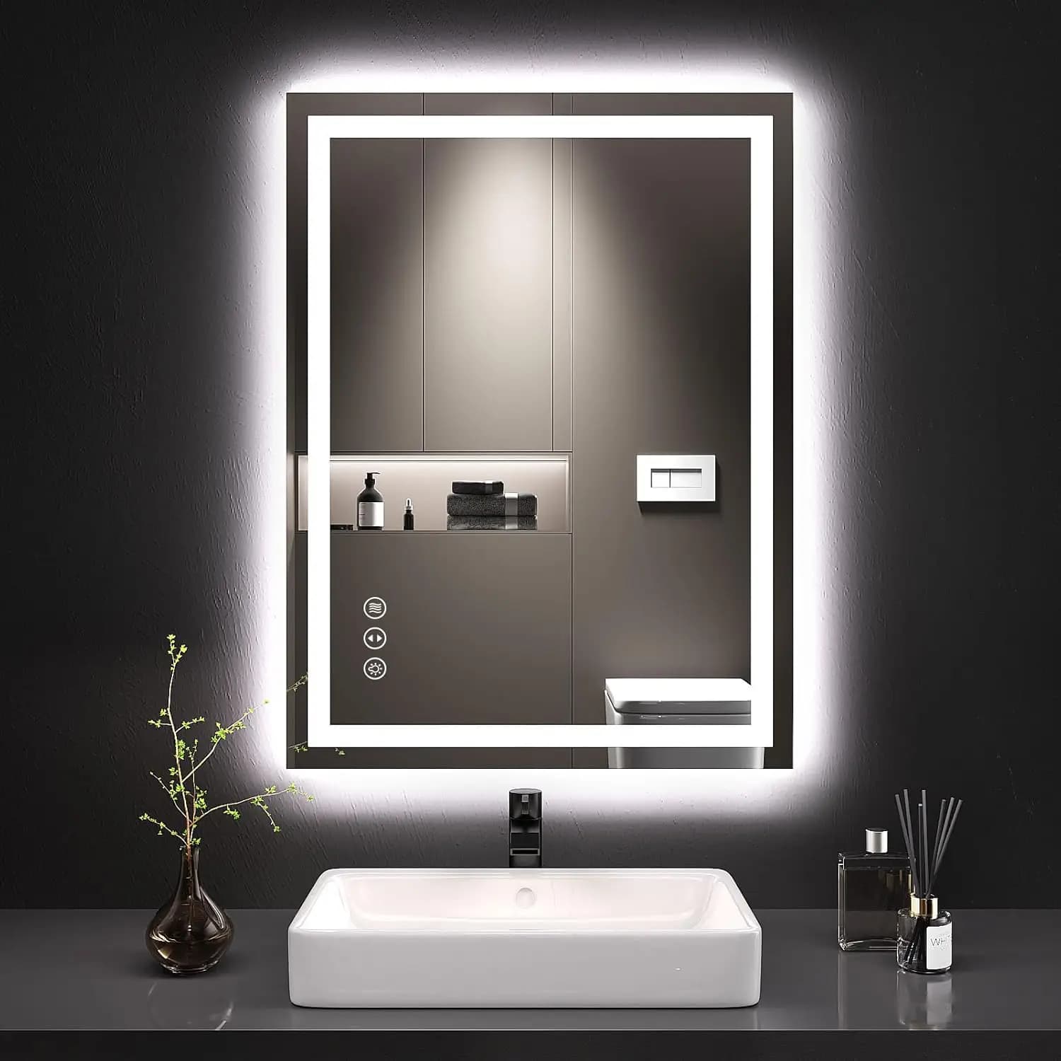 Specchio da Bagno LED 24X32 con Luci, Antiappannamento, Dimmerabile, Retroilluminato + Illuminazione Frontale, Specchio da Bagno Illuminato a Parete, con Memoria