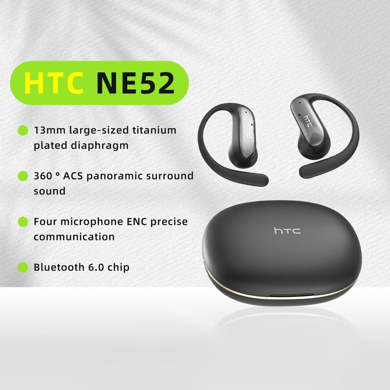 HTC NE52 Cuffie Bluetooth V6.0 Auricolari wireless OWS Cuffie con riduzione del rumore Nuove cuffie da gioco sportive Super Long Endur