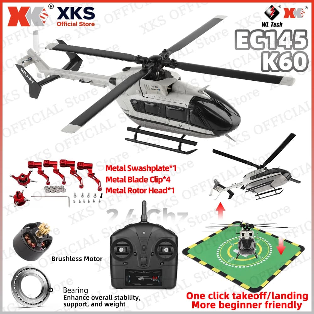 XKS Wltoys K160 EC-145 Elicottero RC 2.4G a 4 Canali con Motore Brushless, Modello di Aereo Telecomandato Giocattolo