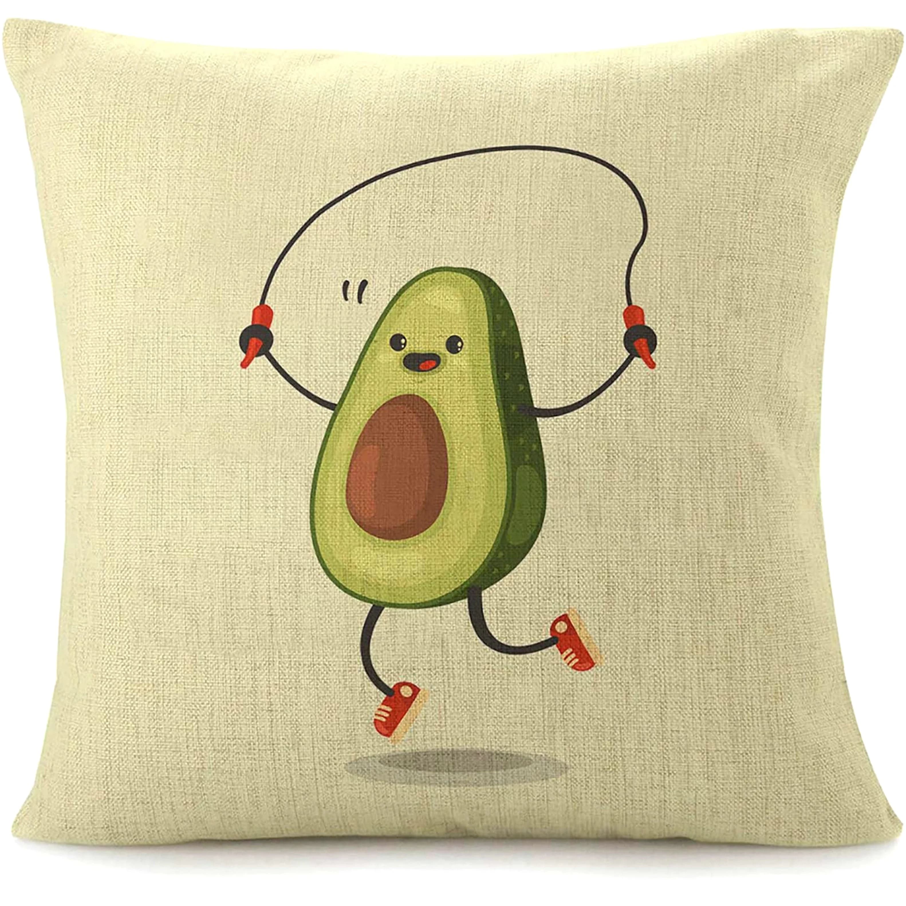 1pc, Throw Pillow Covers For Couch Cute Avocado Cartoon Character Jump Rope Exercises Decorative Square Bed Sofa Pillows Case Funny Fruit Comic Kawaii Summer Nature Linen Cushion Cover 16x16, 18 X 18, 20x20 Inch