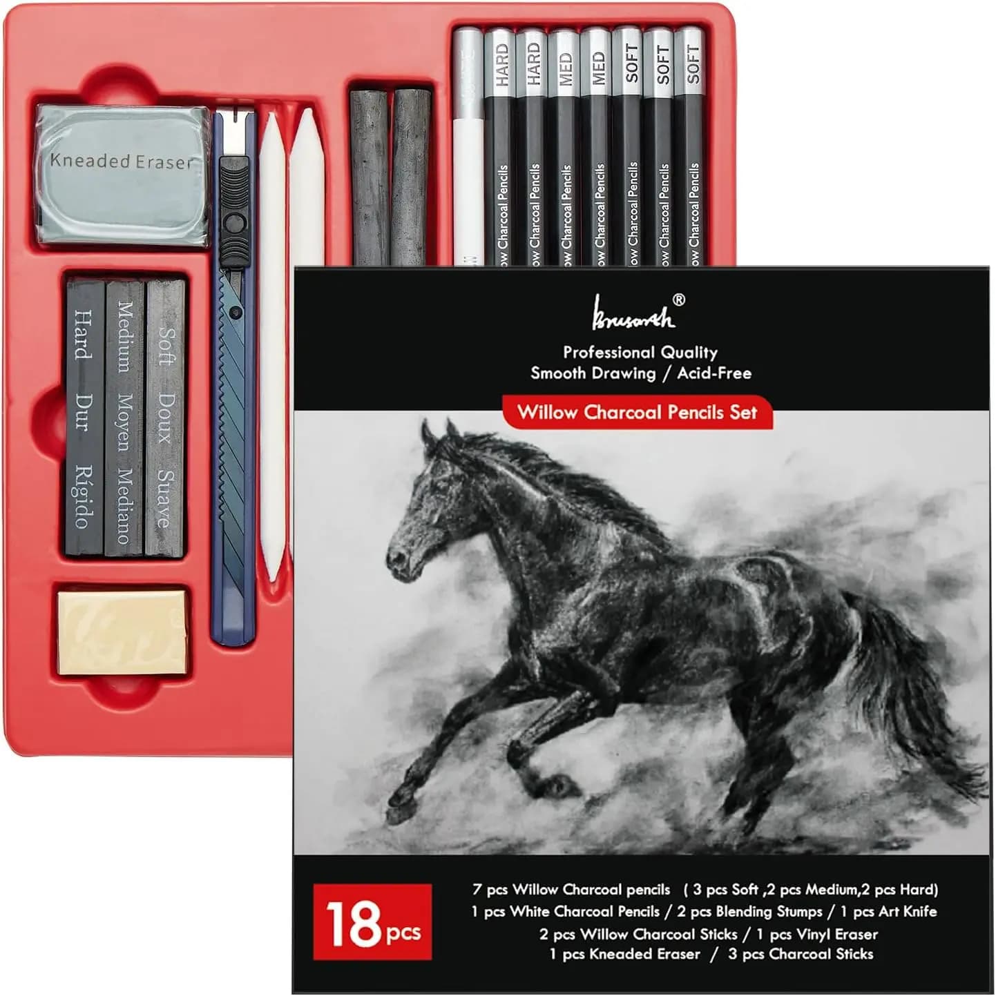 18 Pcs Charcoal Pencils for Drawing, Sketching & Shading - Art Supplies Set for Beginners & Artists