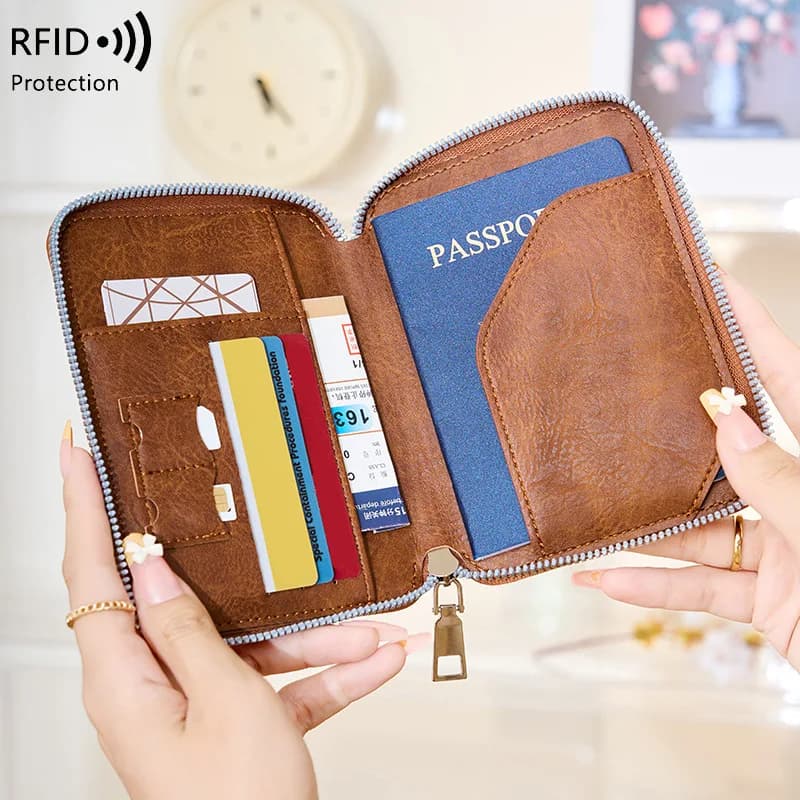 Porta passaporto RFID in pelle PU, portafoglio per biglietti aerei, borsa identificativa con cerniera, semplice borsa per passaporto per viaggi all'estero