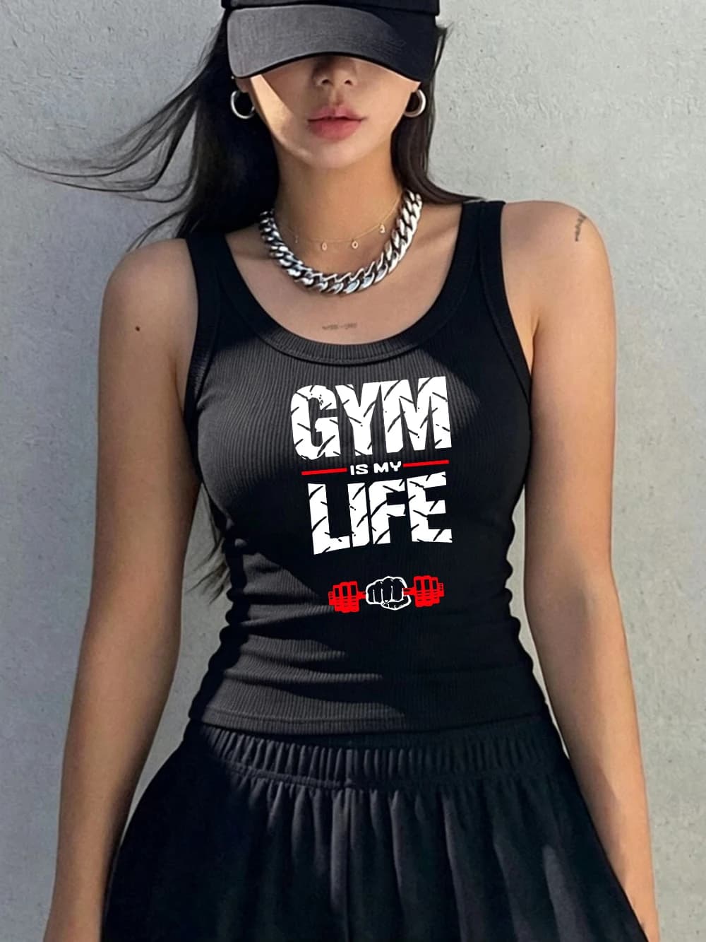 Canotta Sportiva da Donna Y2K con Stampa 'Gym Is My Life', in Maglia a Costine, Stile Coreano, Collo a O, Cotone Morbido, Slim Fit, Senza Maniche