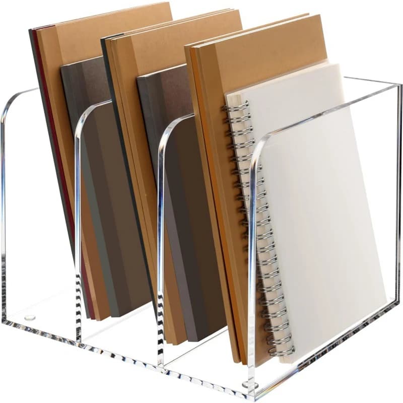 Organizzatore di libri da scrivania in acrilico trasparente con 3 spazi verticali Portariviste monopezzo e portadocumenti formato B5, confezione da 1