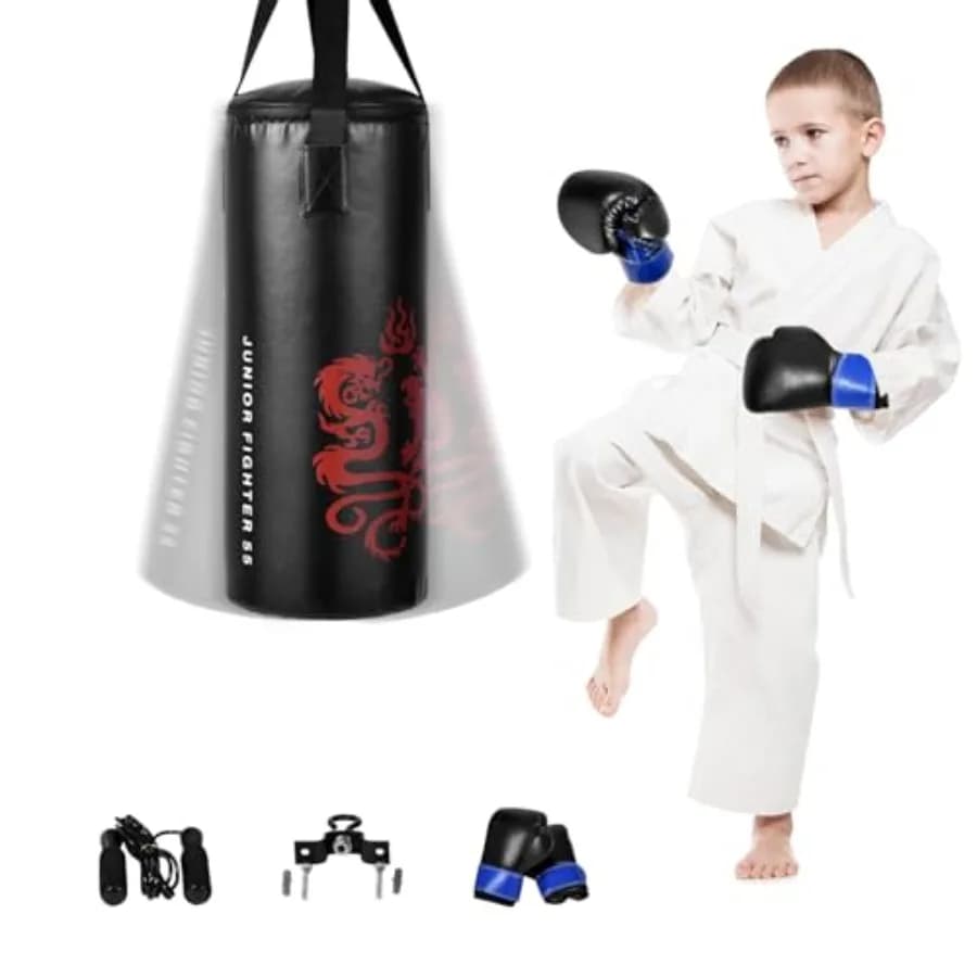 punching bag set for youth MMA martial and Thai training: prefilled heavy-duty wall-mounted bag with gloves and jumping rope bl