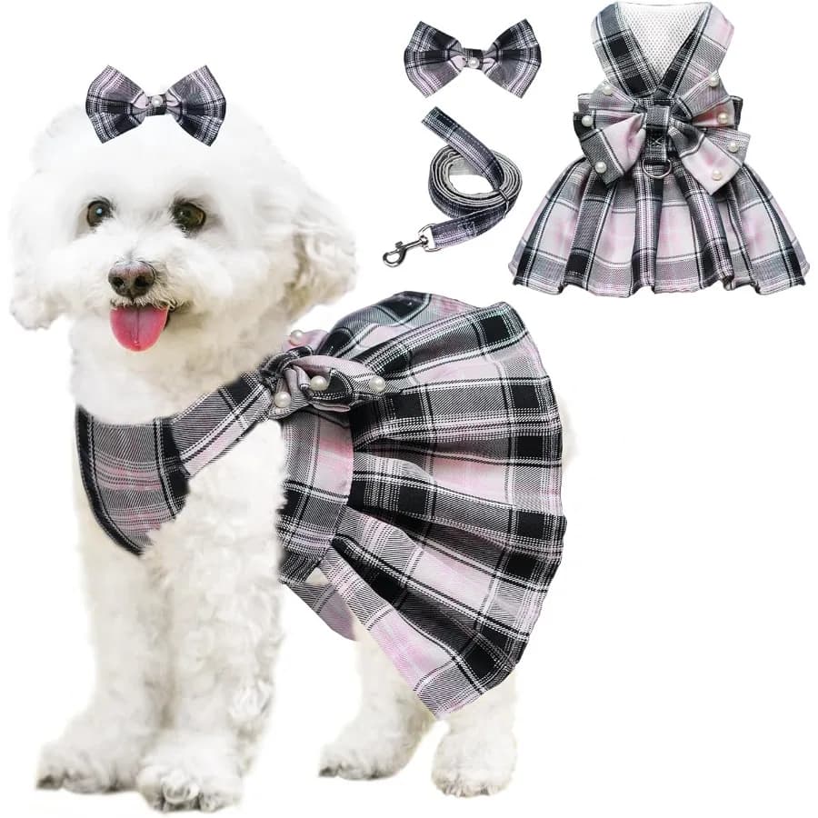 Vestito per cani Bowknot Imbracatura Guinzaglio Set per cani di piccola taglia Ragazza Carino Plaid Vestito per cani Perle Papillon Primavera Estate Abiti da principessa Birt