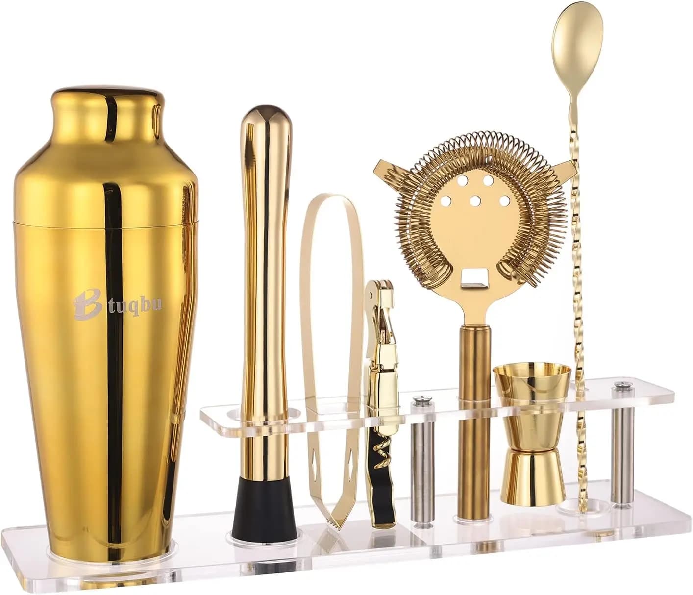 Set Shaker per Cocktail con Supporto in Acrilico, Kit da Barman per Miscelare Bevande, 7 Utensili da Bar (Oro)