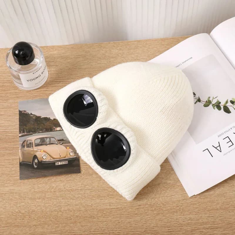 Unisex Winter Aviator Goggle Knit Hat, Fleece Lined Earflap Warm Beanie, Thick Windproof Ski Cap for Men Women Outdoor Cycling