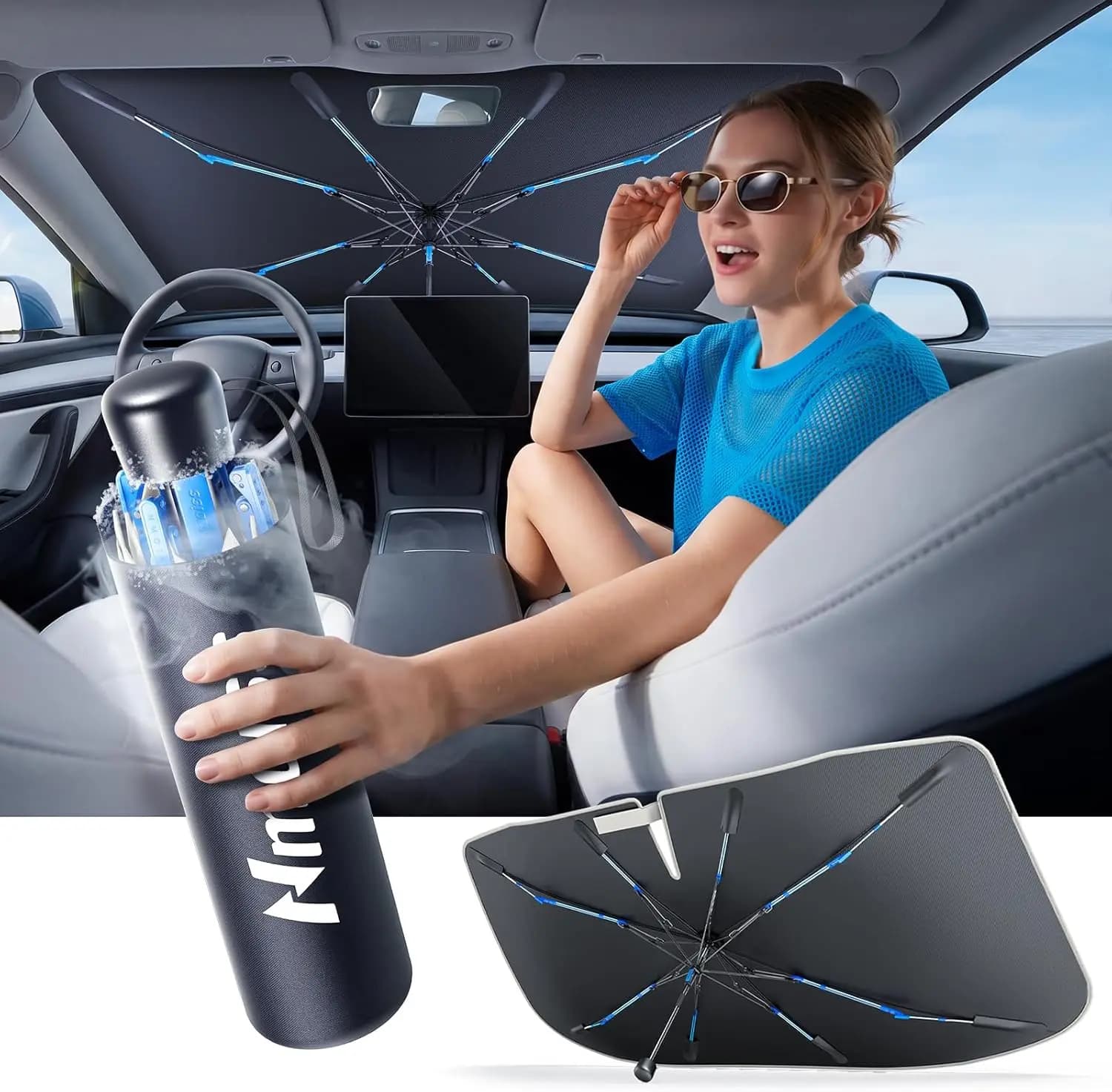 Parasole per Parabrezza Ice Rib: Blocca il 99% dei raggi UV, Raffreddamento Rapido, Protegge l'Auto dal Calore, Misura Media 56"x31"