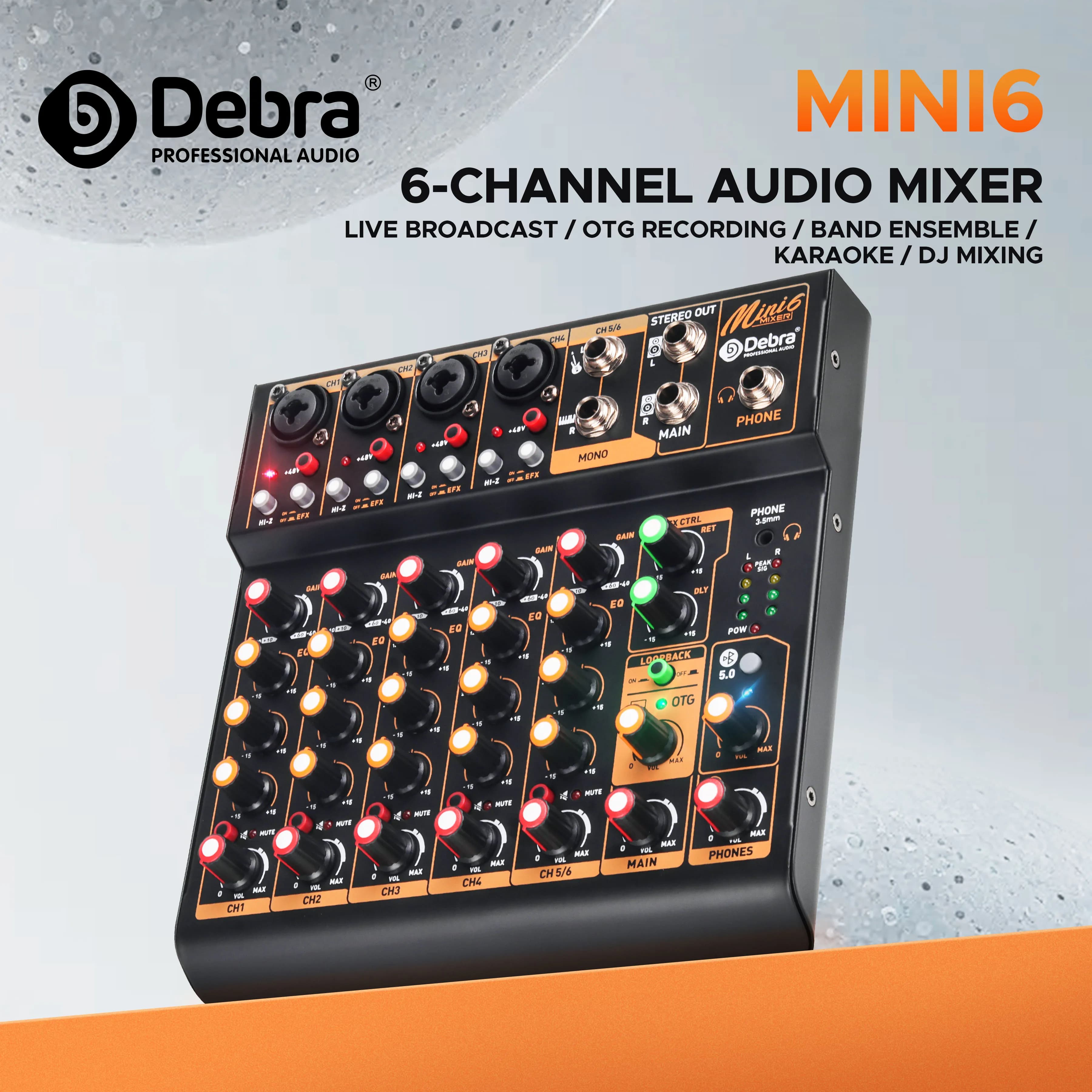 Debra OTG Mixer audio in metallo Console DJ Mini6 con Bluetooth 48V Ritardo di alimentazione Effetto ripetizione per console di missaggio audio Registrazione PC