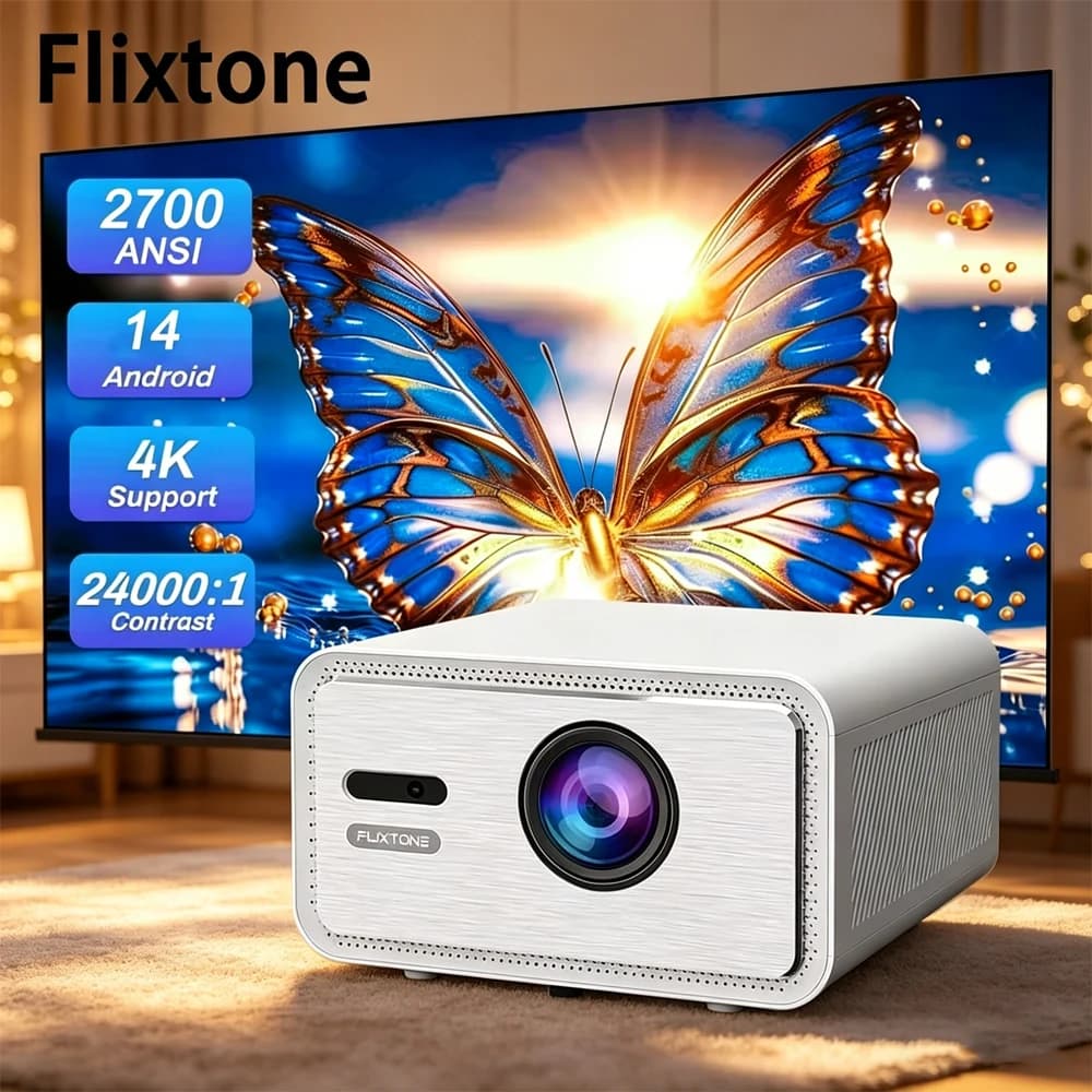 Proiettore Flixtone D9W Mini Pro 1080P 2700 ANSI Full HD 4K per Home Theater, Film, Android 14 Smart TV, Video LED Beam
