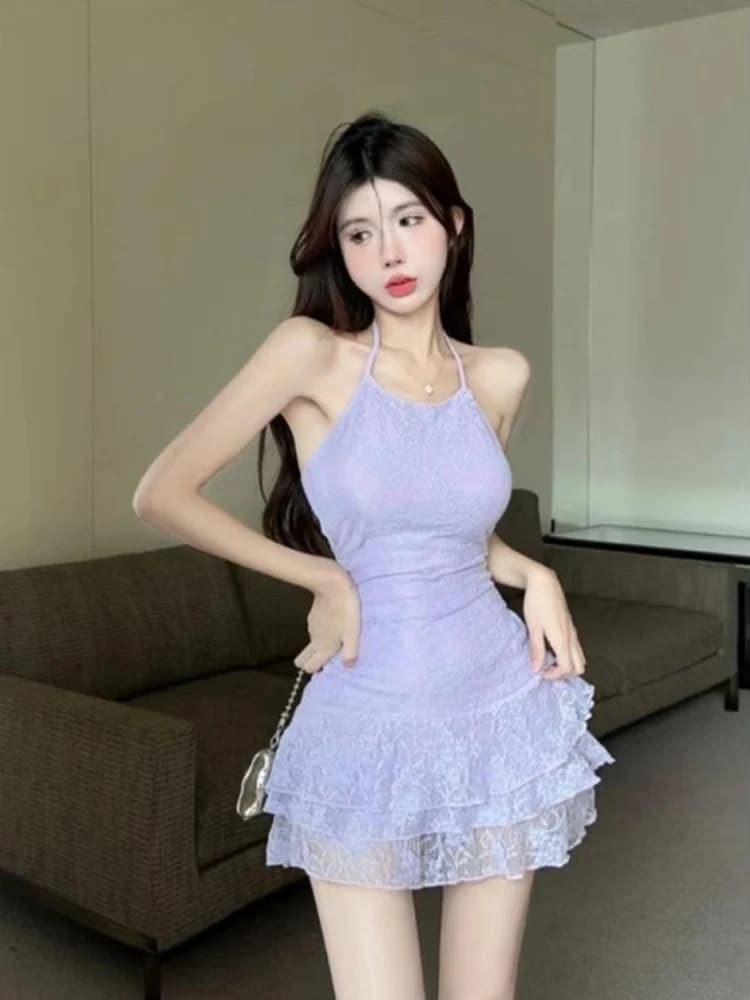 Sexy Sweet-and-Spicy Style Lace Trim Backless Short Dress Women's Hot-Girls Matching High-Waisted A-Line Skirt Breathable Sum...