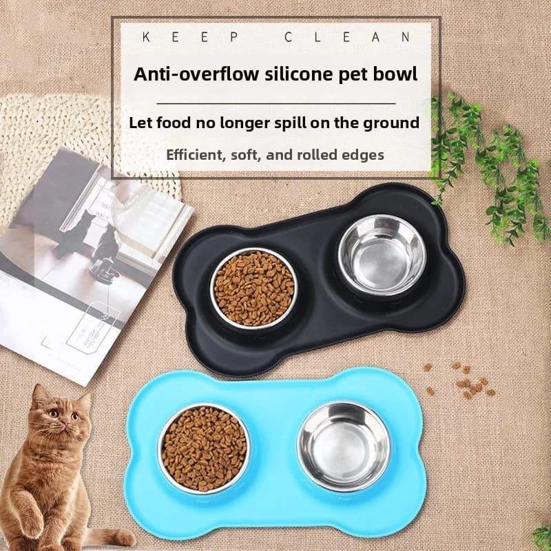 Grandi Ciotole Doppie Antiscivolo in Acciaio Inossidabile per Animali Domestici, Anti-Rovesciamento, Senza Silicone, per Cibo e Acqua, con Tappetino per Cani e Gatti