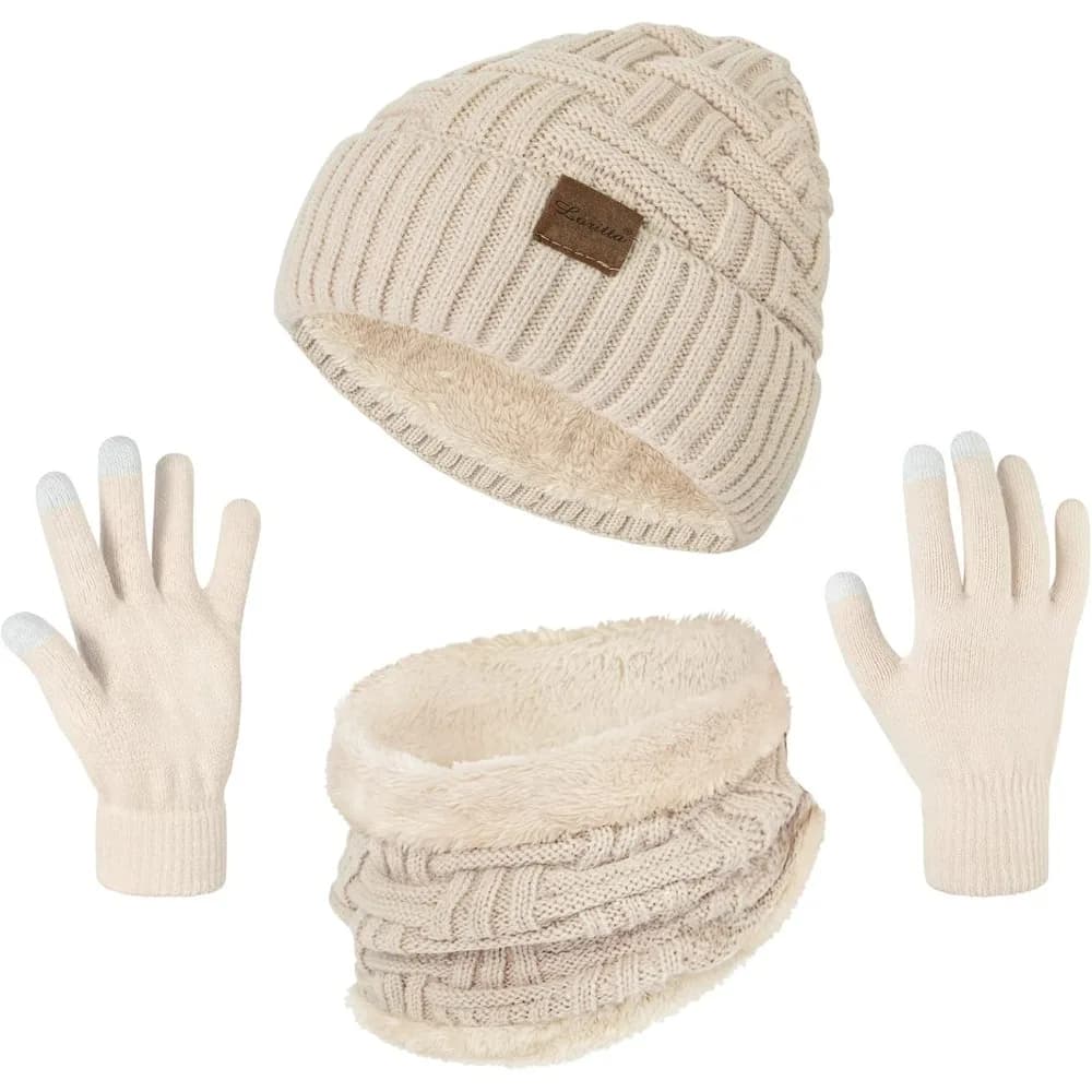 Loritta 3 pezzi cappello invernale scaldacollo guanti touchscreen set sciarpa spessa lavorata a maglia cappelli a cuffia sciarpe set regali per le donne