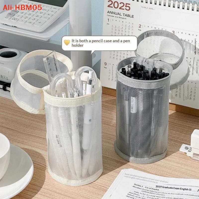 (HB05)Minimalist Transparent Mesh Pencil Case Large Capacity Flip-Top Solid Color Pen Holder Student Stationery Storage Bag