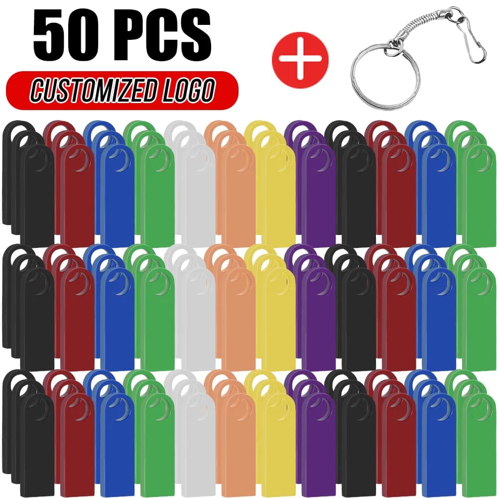 50 Pezzi/Lotto Chiavetta USB 2.0 128GB 64GB 32GB 16GB 8GB 4GB in Metallo con Portachiavi, Personalizzazione Logo Gratuita