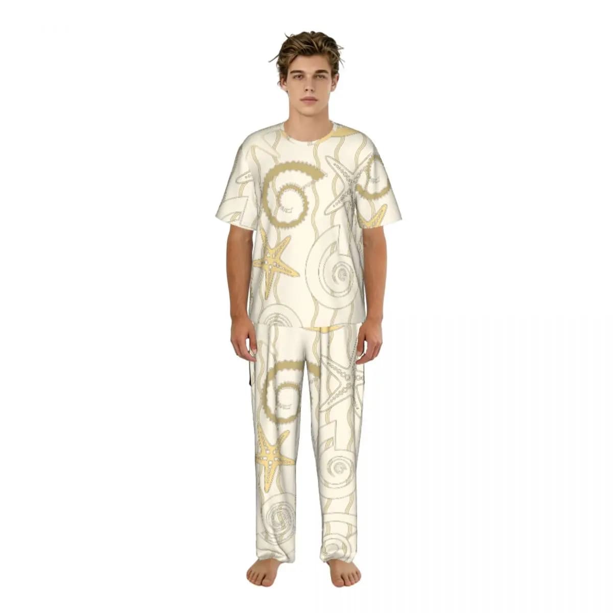Pigiama da uomo estivo a maniche corte + pantaloni lunghi, abbigliamento da notte, completo per casa, pigiama giallo con conchiglie e stelle