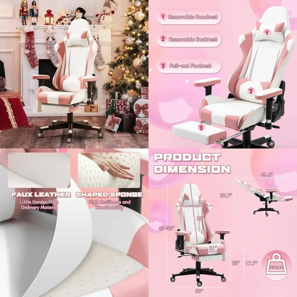 Sedia da Gaming in Pelle PU Rosa e Bianca con Schienale Alto, Poggiapiedi, Reclinabile, Poggiatesta e Supporto Lombare