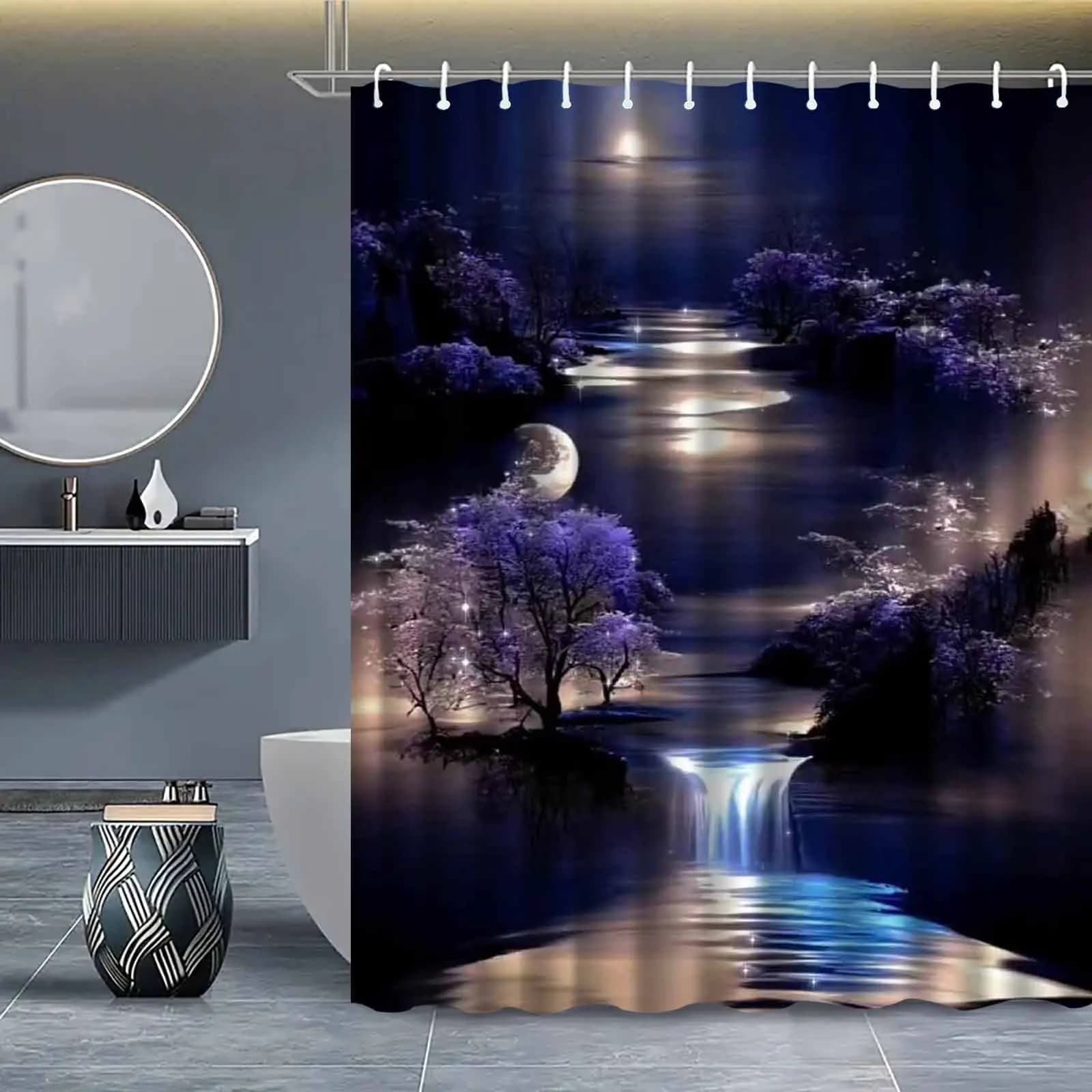 Tenda da doccia Moonlight River Paesaggio notturno Cascata Decorazione di fiori di ciliegio Elegante set di tende da bagno impermeabili per bagno