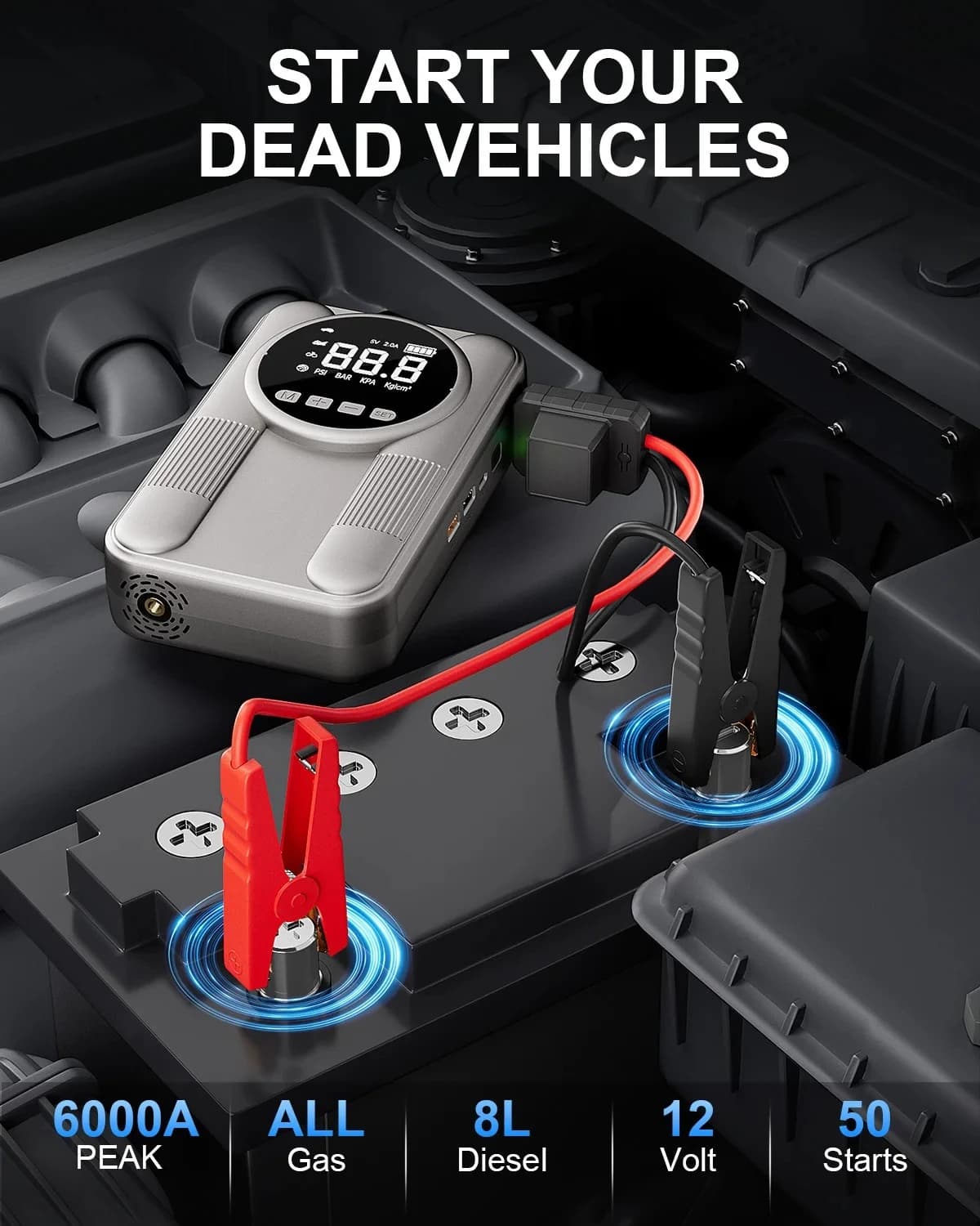 Avviatore d'Emergenza per Auto 6000A con Pompa d'Aria 150PSI, Gonfiatore Pneumatici, Booster Batteria Auto 12V, Power Bank Portatile, Strumento di Emergenza