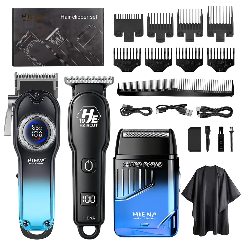 HIENA 3-in-1 Barber Kit Cordless Hair Clipper T9 Trimmer Electric Foil Shaver Rechargeable Men Haircut Grooming Set