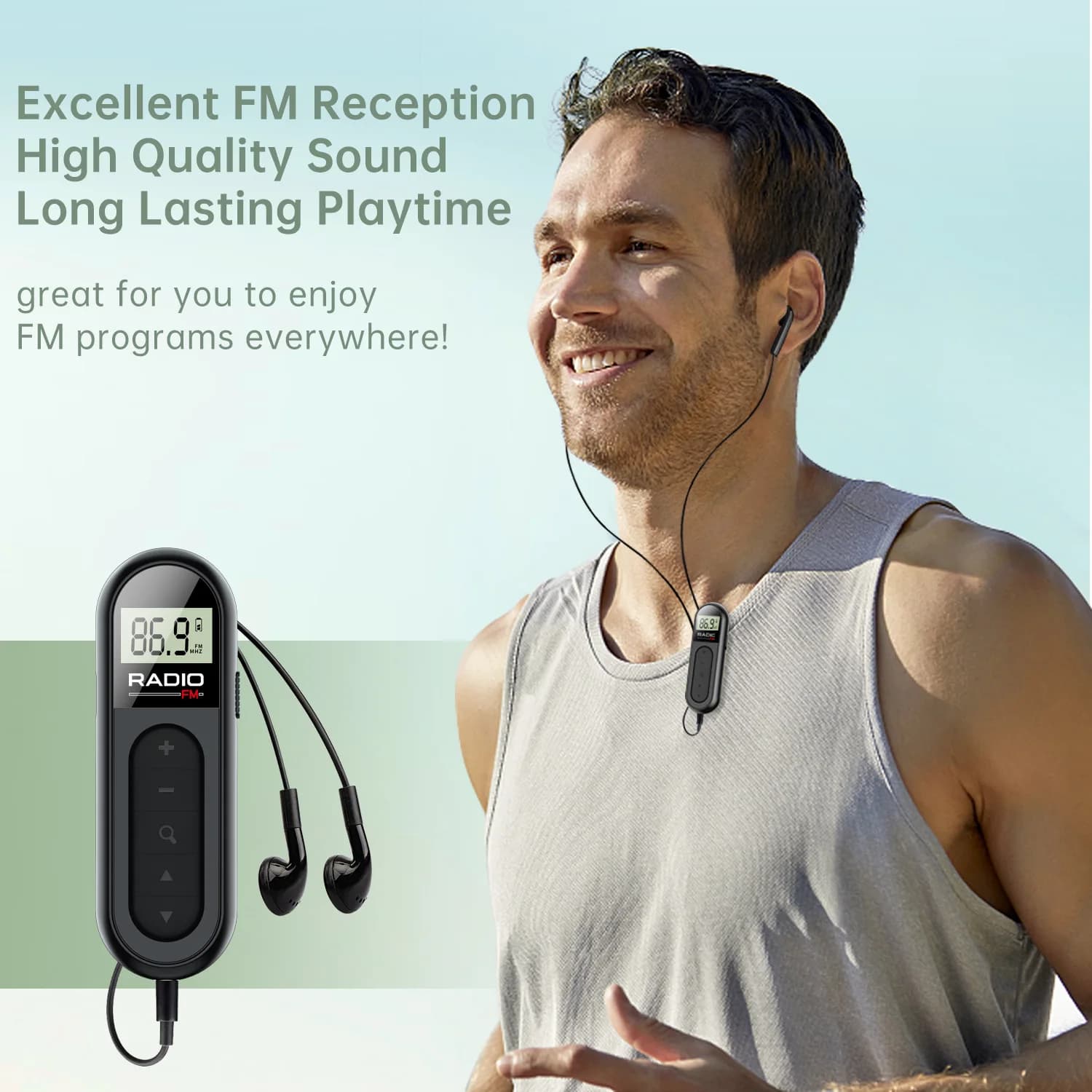 Mini FM radio — Rechargeable, pocket and portable with belt clip — Ideal for sports, running and meetings