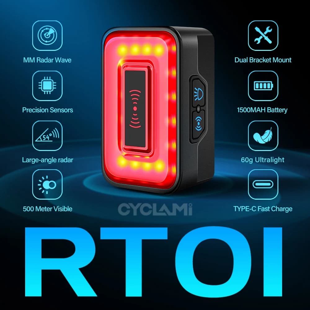 CYCLAMI Radar intelligente per bicicletta Fanale posteriore per bici Lampada di rilevamento freno posteriore intelligente Ebike LED Nuovo fanale posteriore per ciclismo