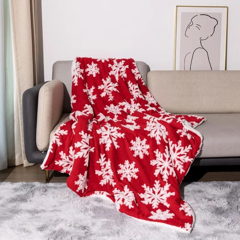 Winter blanket in double layer thickened cotton fleece - lamb wool sheet with snowflake for mattress cover Tatami Christmas house