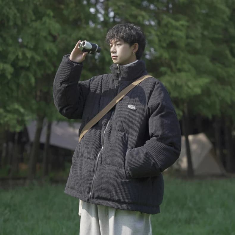 Men's Thickened Winter Cotton Jacket Stand Collar American Retro Loose Fit Corduroy Youth Casual Warm Outerwear Coat