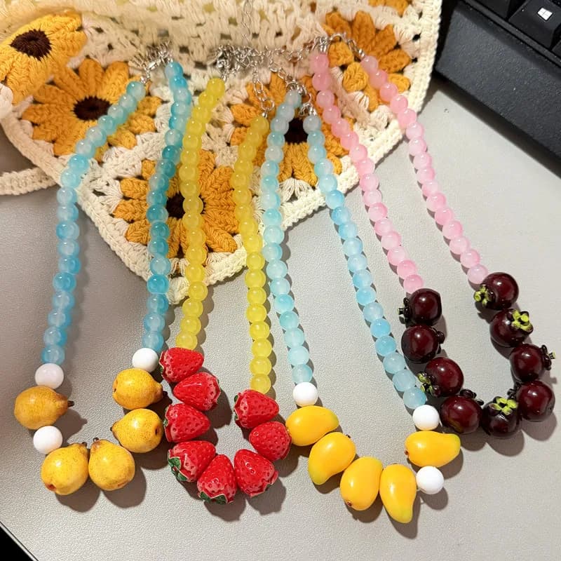 3D Fruit Simulation Strawberry Lemon Bead Necklace with Sparkling Glass Beads Cute Exaggerated Jewelry Gift