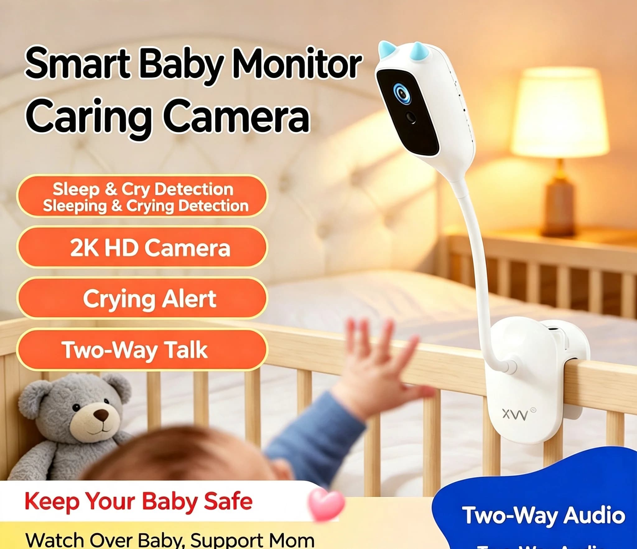 LGOODVIN Smart Baby Monitor, Night Vision Care Camera, Infant Surveillance Device with Cry Alarm Alert, Wireless Camera
