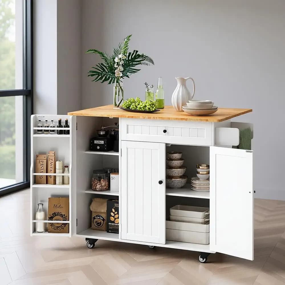 Isola da cucina bianca con tavolo a fogli mobili, 5 ruote, portaoggetti, cassetto, portaspezie, portasciugamani e ampio spazio sul piano di lavoro