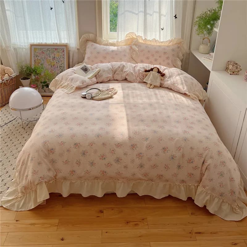 Ruffles Bedding Set Floral Style Duvet Cover Pillowcase with Bedsheet Skin-friendly Bed Linen Set Girls Room Bedclothes