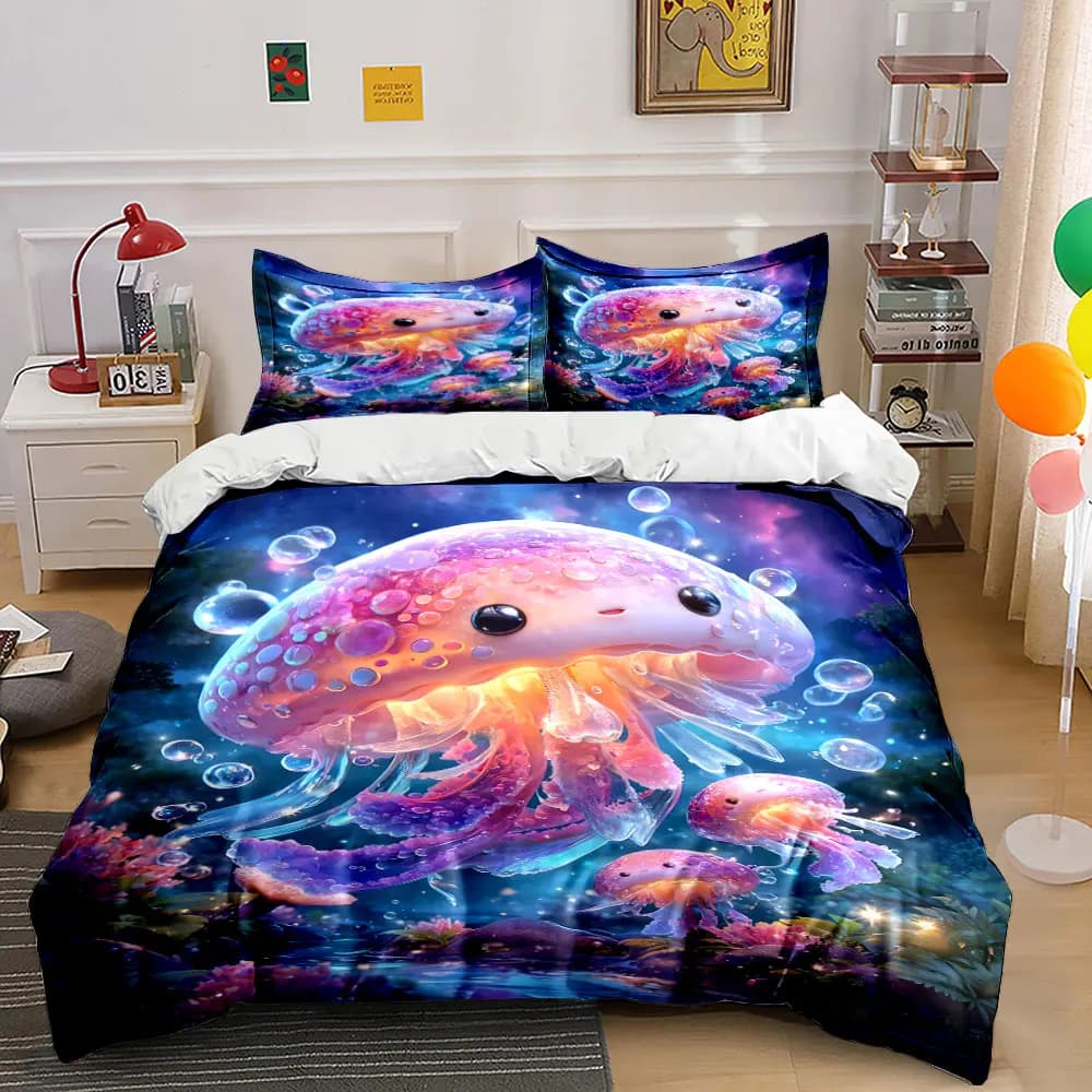 Dreamlike Jellyfish Under Starry Sky Printed Duvet Cover Set1 Duvet Cover+2 PillowcaseMulti Size Bedroom Bedding Decoration