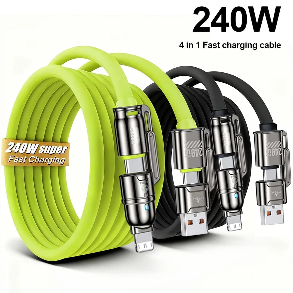 Cavo di ricarica rapida USB-C 4 in 1 in silicone da 240W per iPhone 17 16 15 14 13 12 11 Pro Max e Samsung S25 S24 S23