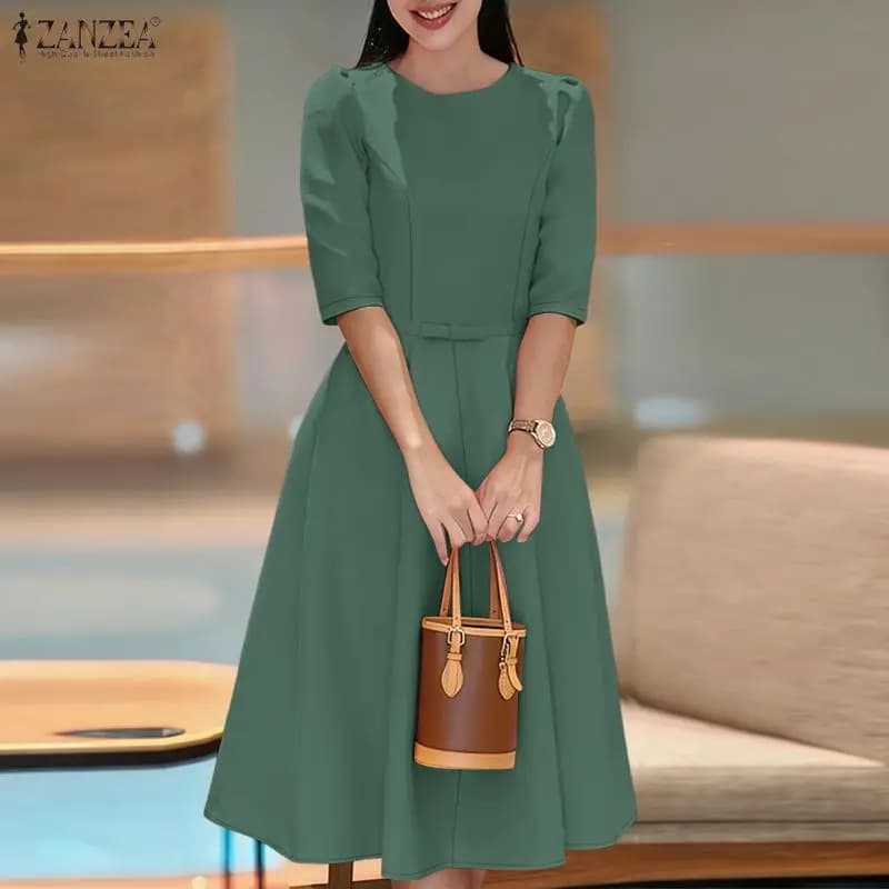 ZANZEA 2026 Abito Estivo da Donna Elegante Tinta Unita per L'Ufficio, Vestito Midi con Scollo a O e Maniche Corte, Abito da Festa a Vita Alta Linea A, Stile Raffinato