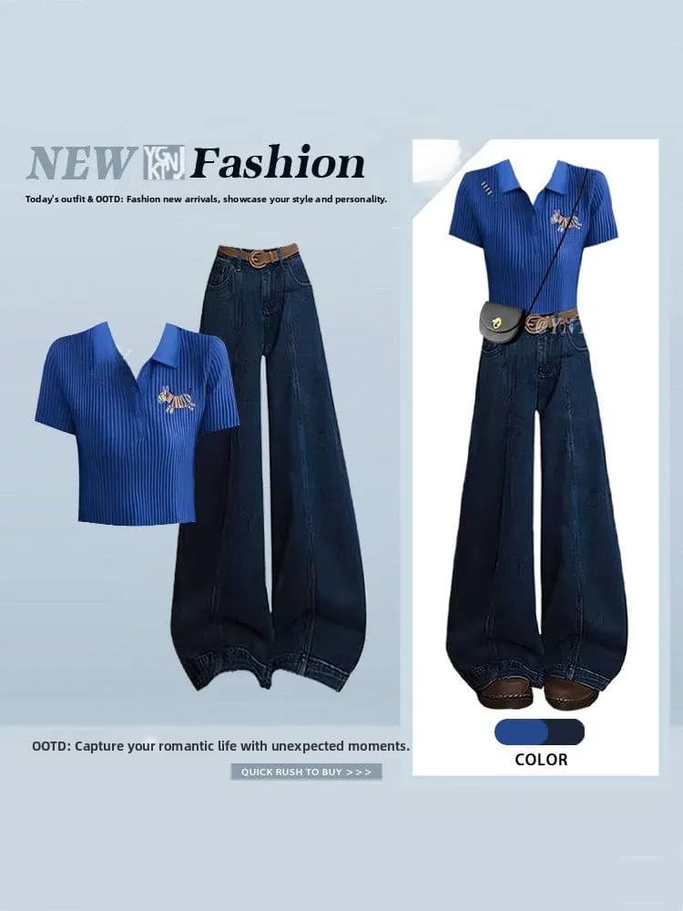Set Estivo Casual da Donna: T-shirt in Maglia e Jeans Slim Fit Blu Klein a Vita Alta con Pantaloni Lunghi e Top a Maniche Corte