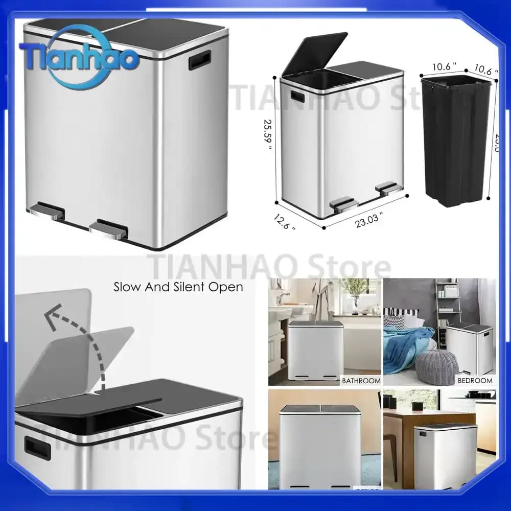 16 Gal 60L Stainless Steel Kitchen Trash Can Dual Recycling Bin Garbage Can with Lid for Home Office