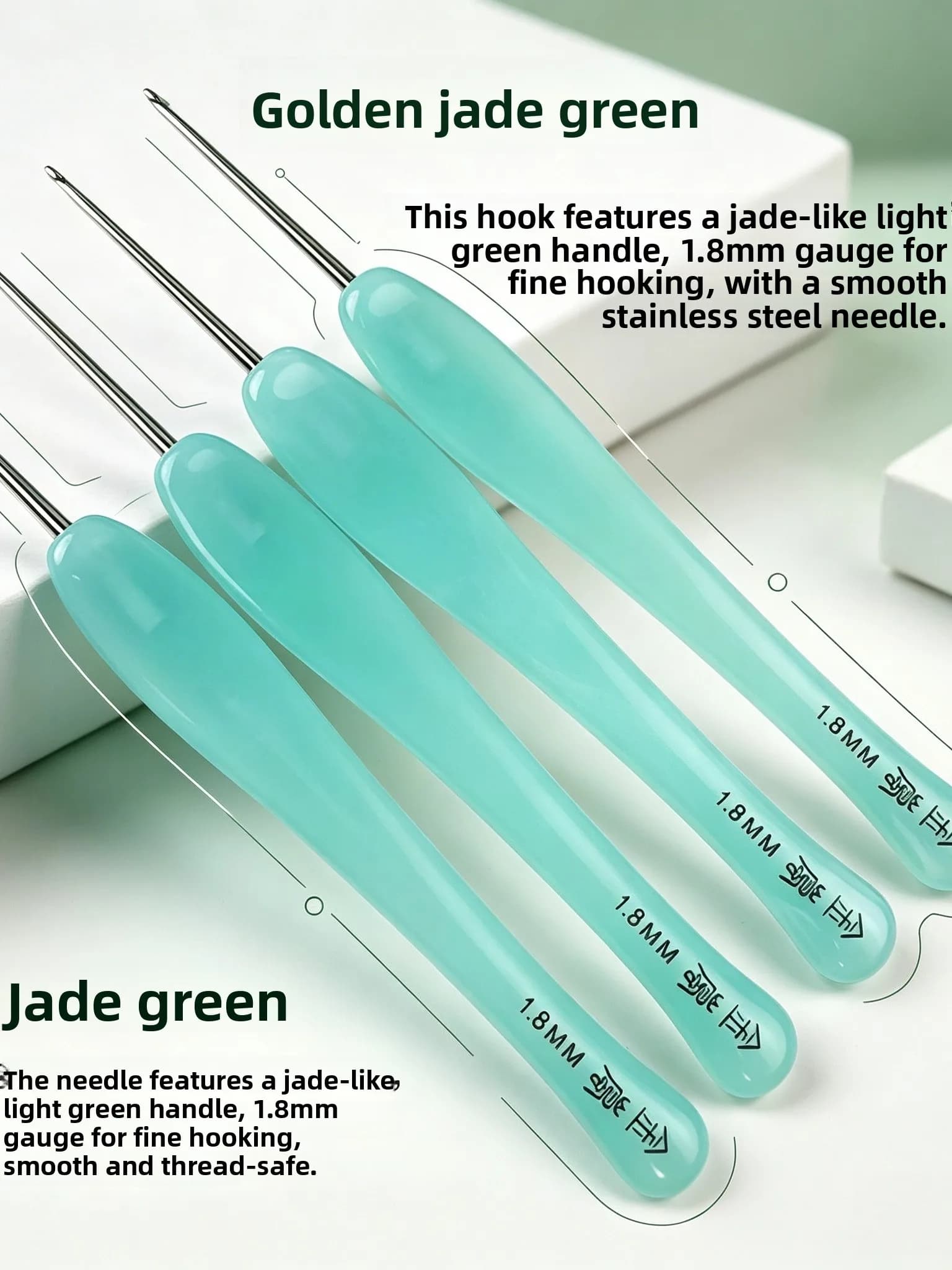 Uncinetto JinLan in resina verde effetto giada, ago standard per lavori a maglia fai da te, strumento per la creazione di bambole, ago in acciaio inossidabile.
