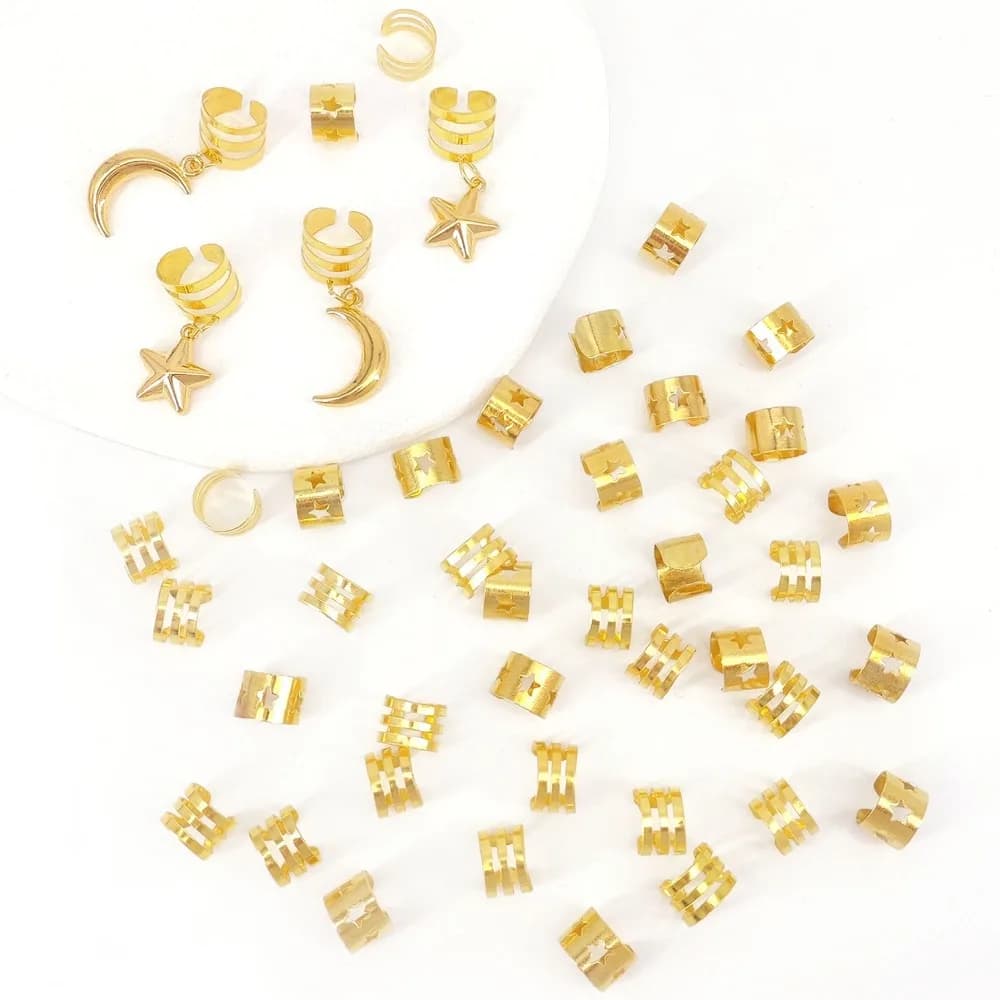 44pcs Stars Moon Hollow Out Hair Ring Dread Locks Metal Cuff Clips Dreadlocks Beads Adjustable Multi Style Hair Braid Tubes Men