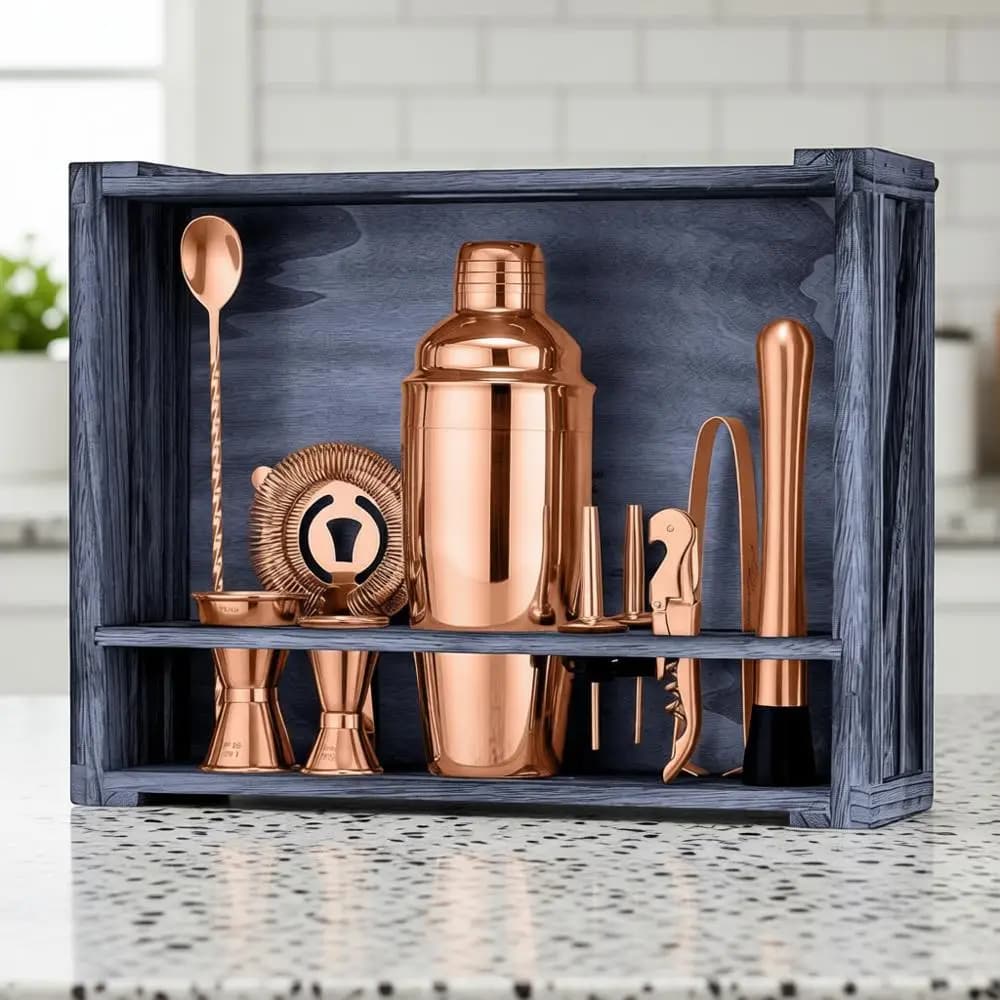 Set da Cocktail 11 Pezzi con Supporto in Legno | Kit Completo per Cocktail per Baristi | Strumenti a tenuta stagna (in rame)