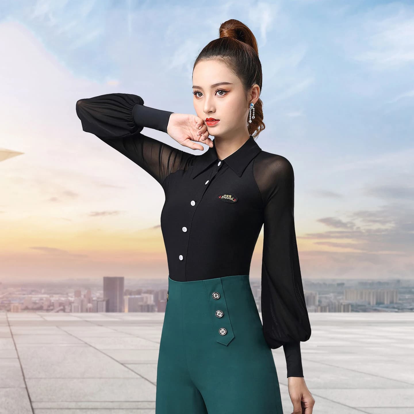 2025 Women's Modern Dance Top Lantern Sleeve Shirt Shirt Chacha Rumba Tango Ball Dress Latin Dance Costumes Wear DN21034
