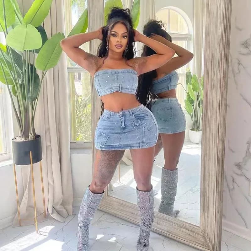 Streetwear Beading Denim Two Piece Sets Women Birthday Outfits Strapless Crop Top and Mini Skirt Party Club Matching Sets Jeans