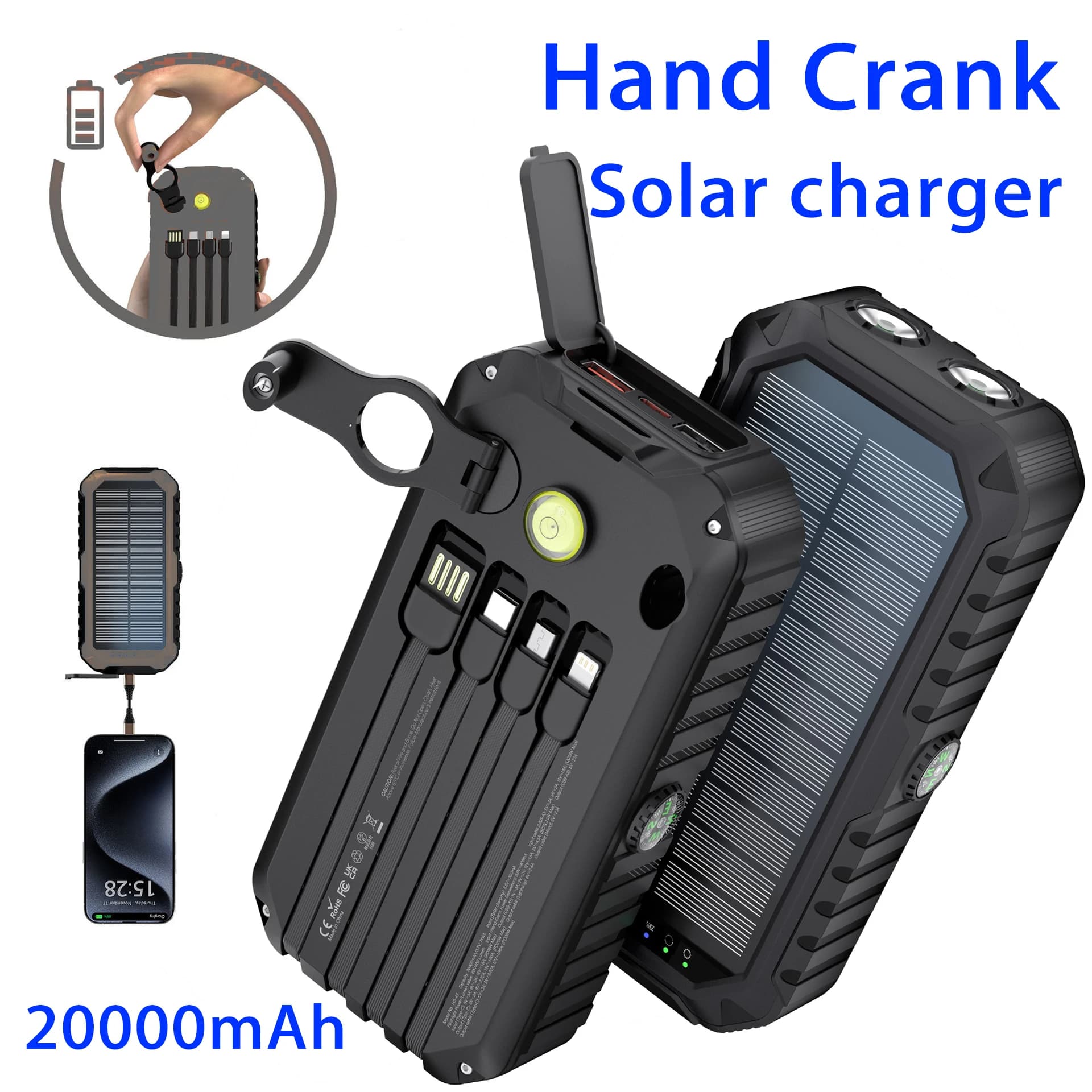 Powerbank a carica rapida da 20000 mAh Powerbank a carica rapida da 22,5 W per iPhone 16 Samsung S24 Huawei Xiaomi Powerbank a ricarica rapida a manovella