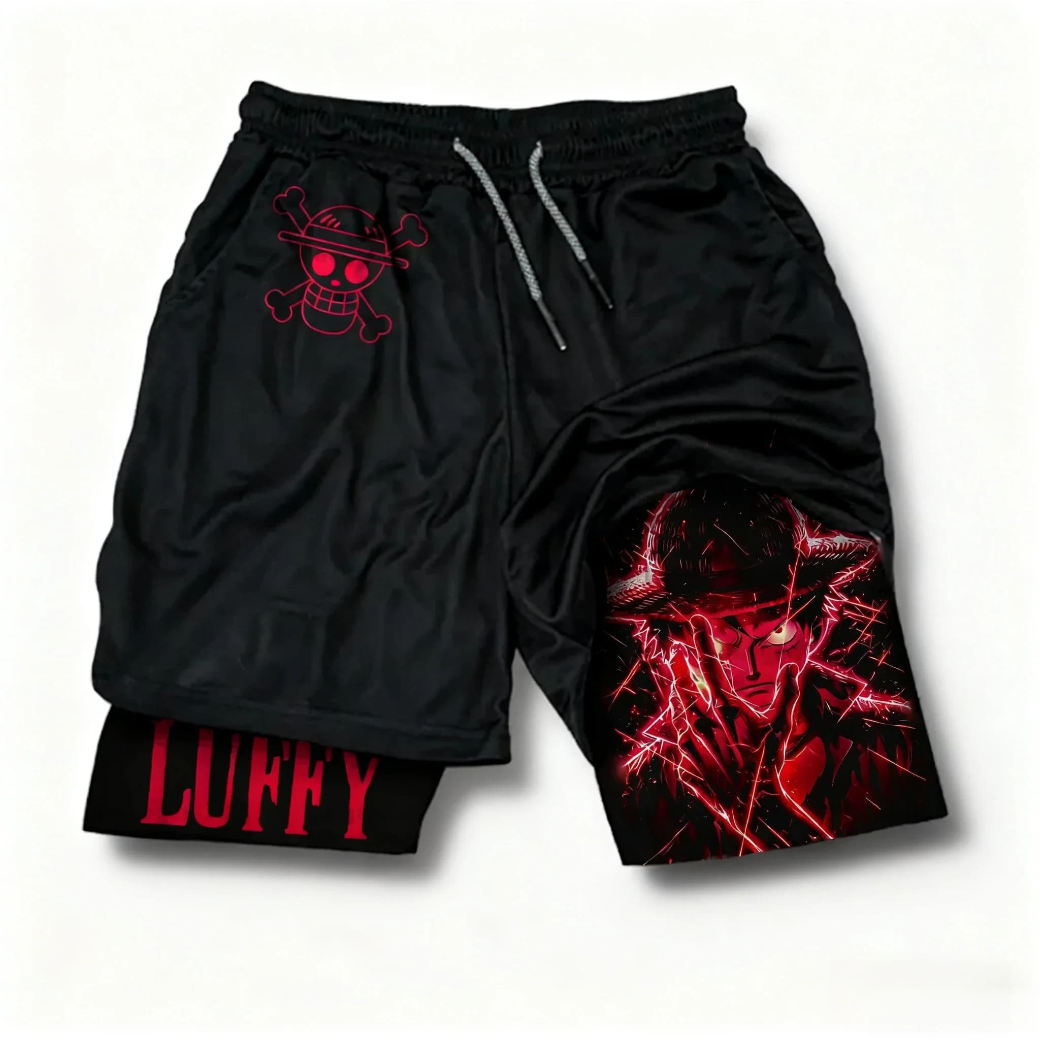 2 in 1 sports shorts with One Piece Anime print, summer, fashionable, for fitness, swimming, hiking, double layer