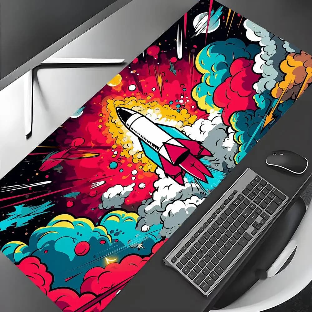 Tappetino per mouse esteso con motivo Trendy Art Rocket, tappetino da gioco antiscivolo, tappetino da scrivania, tappetino per mouse con bordi cuciti, stampa HD, tappetino da ufficio