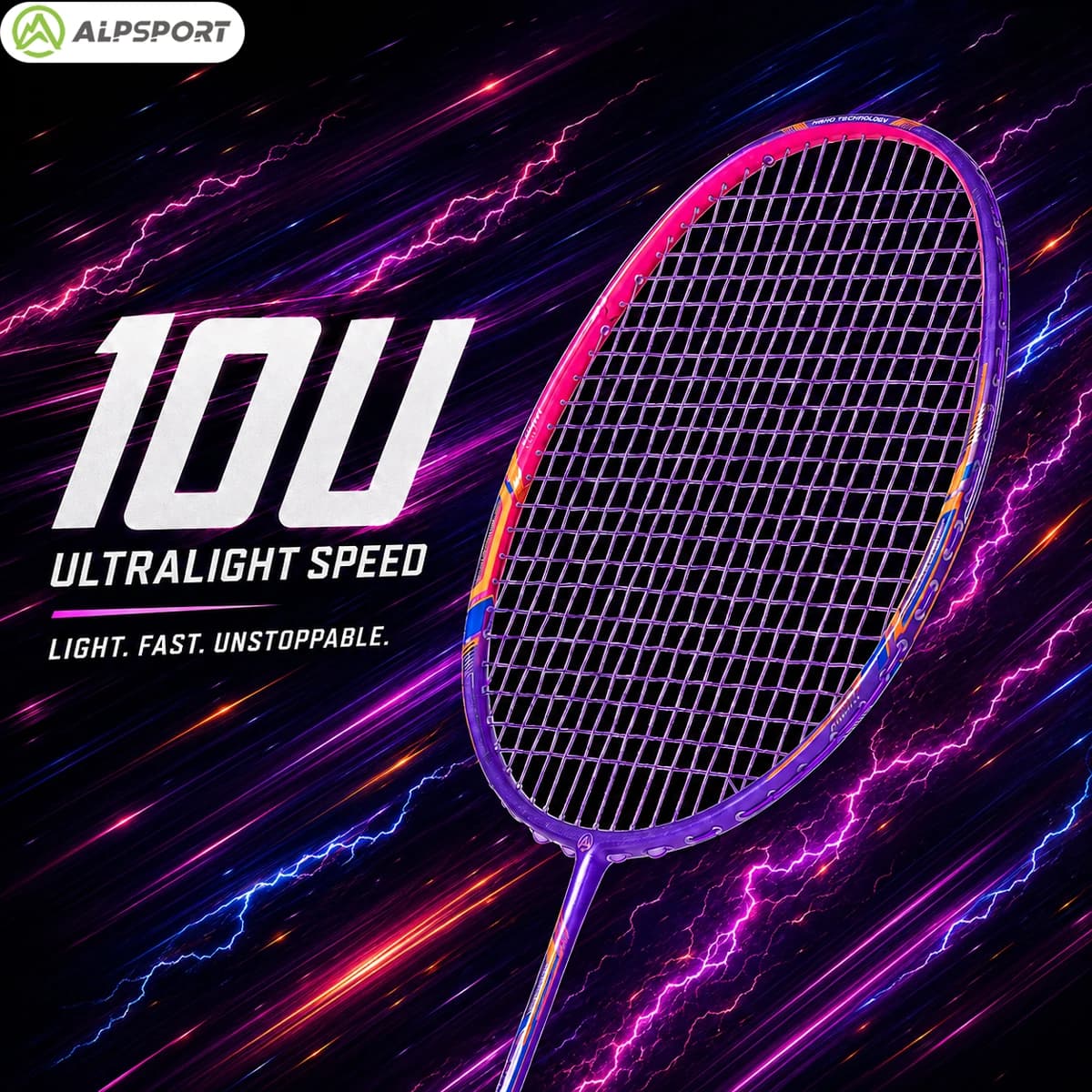 Racket from Badminton Alp GJ 10U Ultralight 52g T800, Authentic Voltage Force 13kg, Open Sports, Carbon Fiber and Titanium