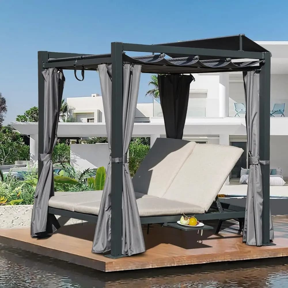 Domi Lettino da Esterno con Letto Estraibile, Chaise Longue Doppia da Esterno Grigia con Tenda e Cuscino Beige e Portabicchieri
