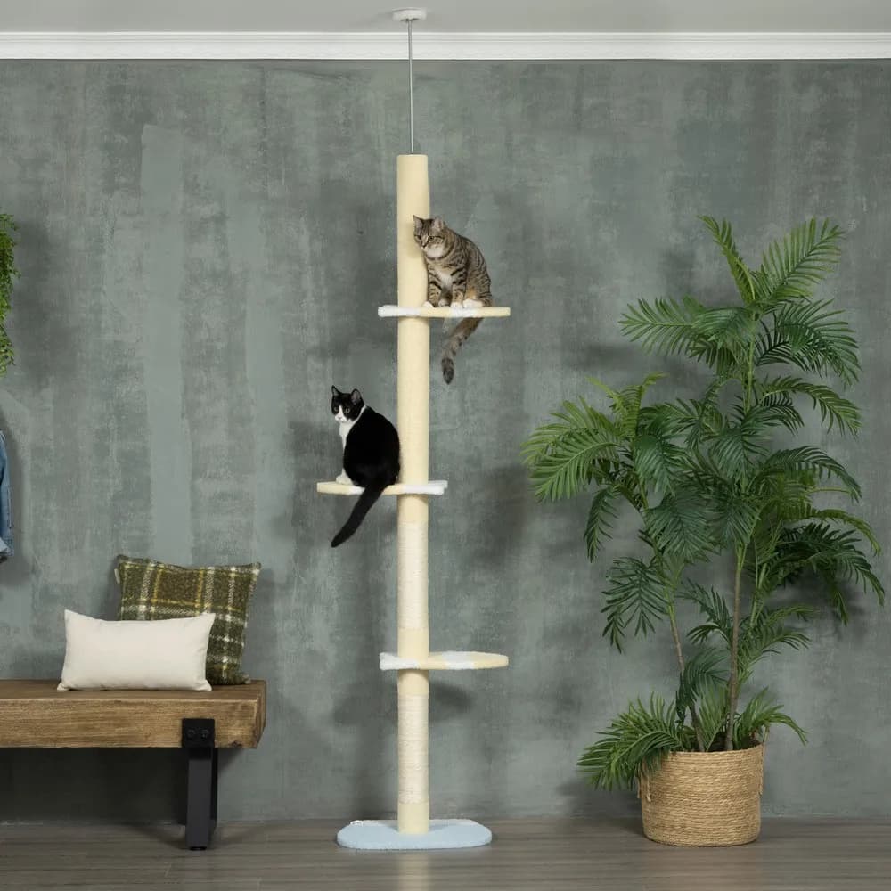 Albero per gatti da 87 -103 pollici dal pavimento al soffitto regolabile in altezza con palline giocattolo, giallo